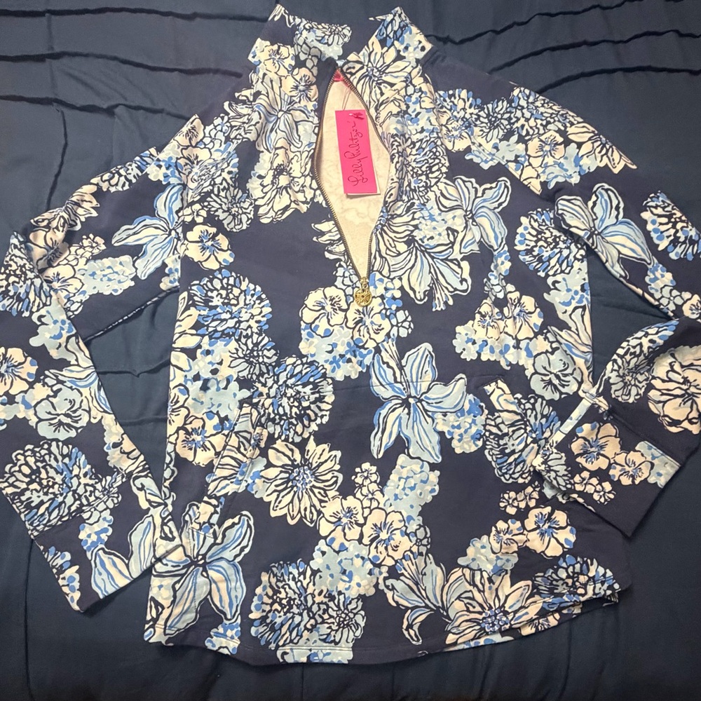Lilly Pulitzer Navy Blue & Light Blue Floral Cold-Shoulder Long Sleeve Top